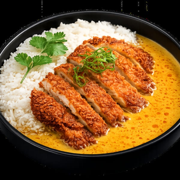 A black bowl filled with white rice, sliced crispy chicken katsu, and yellow curry sauce.