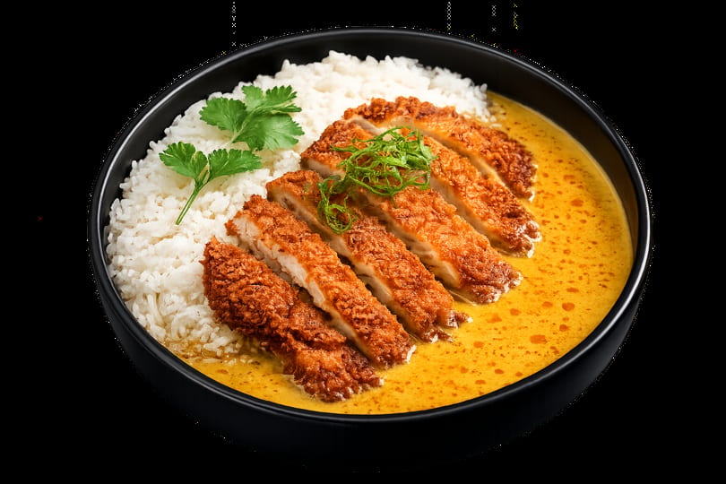 A black bowl filled with white rice, sliced crispy chicken katsu, and yellow curry sauce.