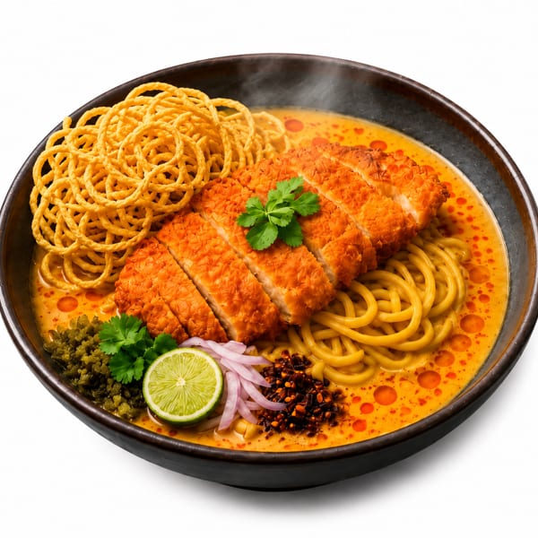 Steaming bowl of Khao Soi with crispy chicken, noodles, lime, and red onion on a white background.