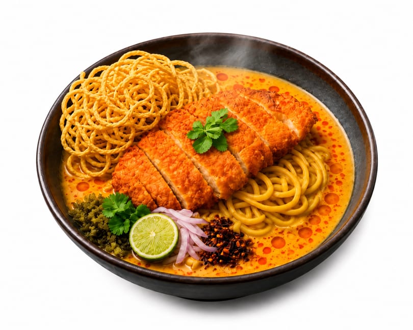 Steaming bowl of Khao Soi with crispy chicken, noodles, lime, and red onion on a white background.