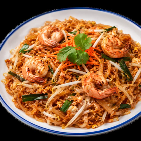 A white plate with blue trim holds a serving of Pad Thai with shrimp, bean sprouts, and cilantro.
