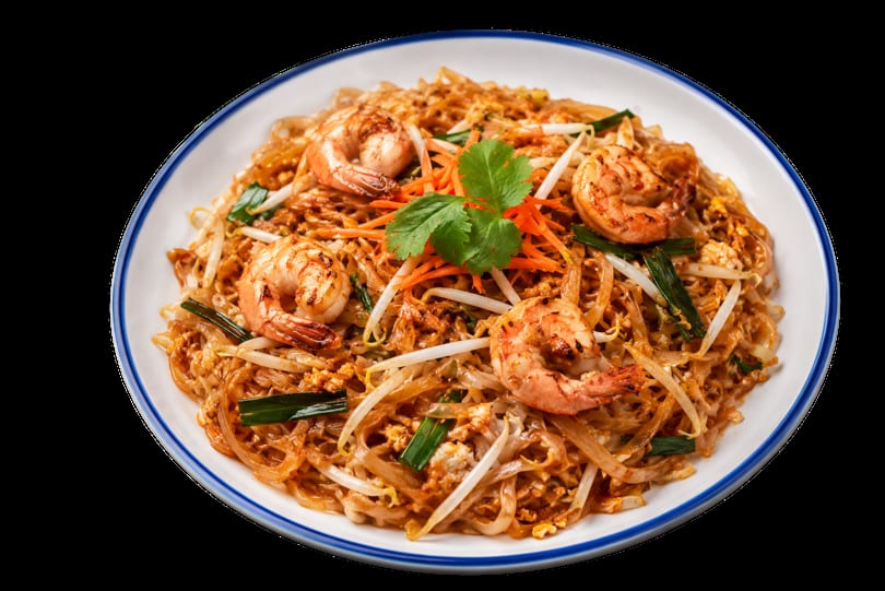 A white plate with blue trim holds a serving of Pad Thai with shrimp, bean sprouts, and cilantro.